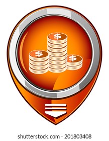 Icon coins. Orange map pointer.