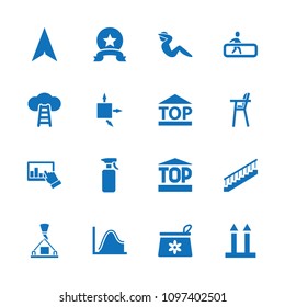 Up icon. collection of 16 up filled icons such as top of cargo box, medal, ladder to the sky, graph, escalator, stairs, baby chair. editable up icons for web and mobile.