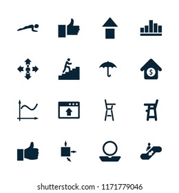 Up icon. collection of 16 up filled icons such as baby chair, powder, keep dry cargo, house sale, man climbing stairs, man move, graph. editable up icons for web and mobile.