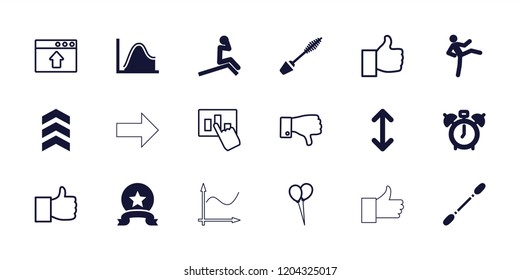 Up icon. collection of 18 up filled and outline icons such as mascara, clock alarm, medal, balloon, like, man doing exercises, graph. editable up icons for web and mobile.
