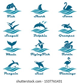 icon collection of aquatic animals with sea waves isolated on white background