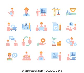 Colección de iconos con constructores, herramientas y equipo. Pegatinas con edificios, construcción de casas y trabajo de ingenieros. Diseñar elementos para la aplicación. Dibujo de un vector plano colorido sobre fondo blanco