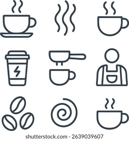 Icon Collection of coffee icons representing hot drinks, beans, barista, and equipment in outline style
