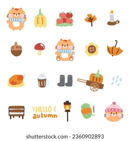 Icon collection.Set of cute cat in autumn concept.Pet animal character cartoon design.Fall season.Pumpkin,acorn,apple,mushroom hand drawn.Meow lover.Kawaii.Vector.Illustration.