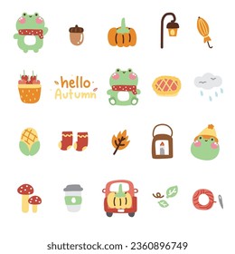 Icon collection.Set of cute Frog in autumn concept.Reptile animal character cartoon design.Fall season.Pumpkin,acorn,cherry,mushroom hand drawn.Kawaii.Vector.Illustration.