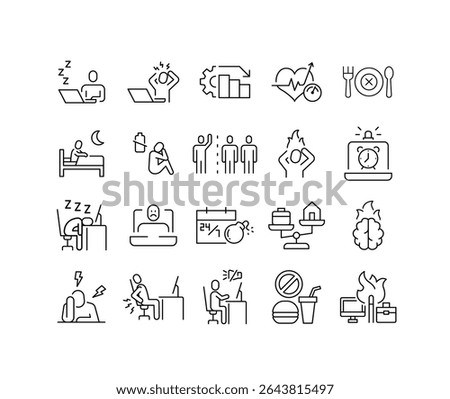 Icon Collection Depicting Remote Job Burnout, Anxiety, Deadline Pressure, Poor Sleep, Work Life Imbalance, and Productivity Decline in Modern Workplace