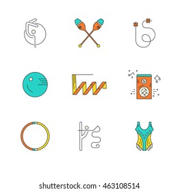 Icon collection with different rhythmic gymnastics objects and discipline symbols. Professional sport vector. Unique and modern set isolated on background.