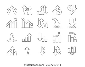 Icon Collection with Editable Stroke Showing Economic Trends Growth Profit Loss Arrow Market Stock Money Chart Flow Investment Direction Rate Trade Currency Success Launch Diagram