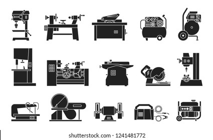 Icon collection of electric machine tools  for wood, metal, plastic, stone. Machines used in production in various types of industry.  