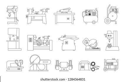 Icon collection of electric machine tools  for wood, metal, plastic, stone. Machines used in production in various types of industry.  