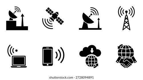 Die Symbolsammlung umfasst Satellit, Mobilfunknetz, drahtlose Kommunikation, Technologie, globale Netzwerkverbindung