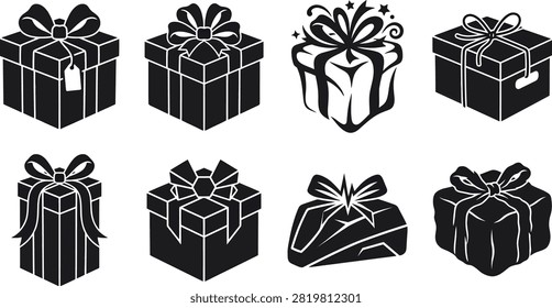 An icon collection featuring eight distinct black outline gift boxes, some with intricate patterns and a customizable gift tag, ideal for digital use.