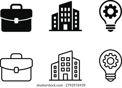 icon collection featuring minimalist briefcase, building, and lightbulb gear ideas