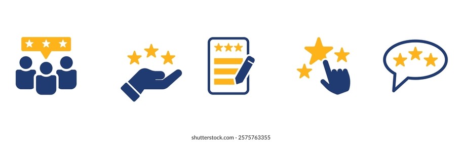 Icon collection of feedback designs including stars reviews ratings and comments in a clean modern style