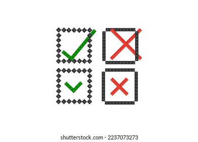 Colección de iconos de una marca de verificación verde, marca de cruz roja. Conjunto de símbolos de marca aislados, signos de lista de verificación, insignia de aprobación. Marca de verificación plana, sencilla y moderna 