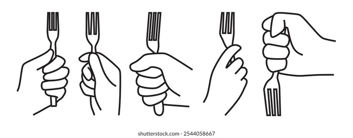 icon collection, hand holding a fork, black and white line art, outline thickness can be changed