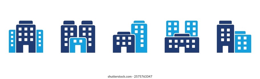 Icon collection of hospital building designs including modern structures and healthcare facilities in a clean style