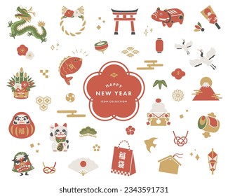 Icon collection of Japanese New Year decorations.

Translation:fuku-bukuro(lucky charm)
fuku(lucky)