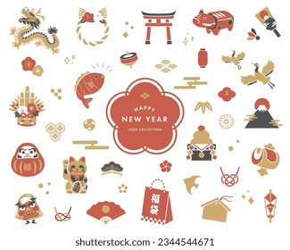 Icon collection of Japanese New Year decorations.

Translation:fuku-bukuro(lucky charm)
fuku(lucky)