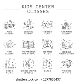 Icon collection of kids center classes. Linear style vector illustration. Suitable for website or advertising