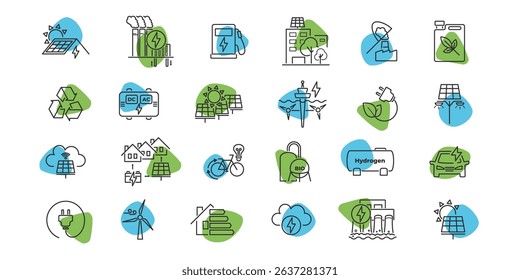 Icon collection in line style for green energy topics. Environment, eco power, and carbon usage shown with simple shapes. Earth and ecology visualized clearly. Vector illustration.