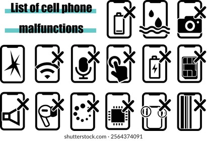 Icon collection of the list of cell phone smart phone malfunctions