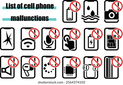 Icon collection of the list of cell phone smart phone malfunctions