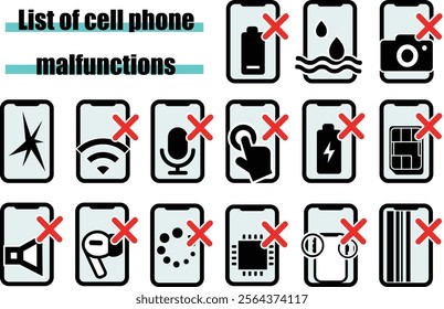 Icon collection of the list of cell phone smart phone malfunctions