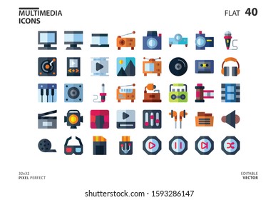 Icon collection of Multimedia in flat style. vector illustration and editable stroke. Isolated on white background.
