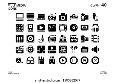 Icon collection of Multimedia in glyph style. vector illustration and editable stroke. Isolated on white background.