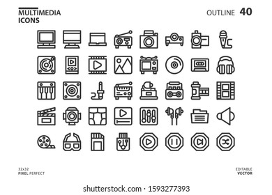 Icon collection of Multimedia in outline style. vector illustration and editable stroke. Isolated on white background.