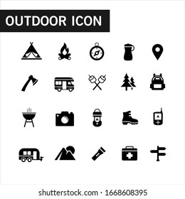 Icon collection of outdoor activities and adventures in the wild such as tent, compasses, mountain and other camping equipment. Suitable for campsites, camp fires and adventures. Filled outdoor icon