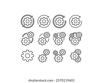 Icon collection
process management gears.
Optimization operations. Transmission gear with arrow Agile process line icon Technology sign
isolated white background.