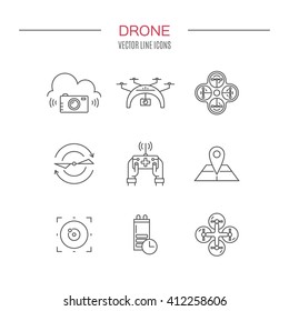 Icon collection with quadrocopter, hexacopter, multicopter and drone made in vector. Modern vehicles for photography, delivery and military purposes. Technology and innovation symbols.