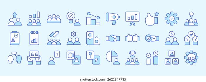 Icon Collection Representing Business and Team Work Themes with Graphs, Charts, Meetings, Digital Tools, and Collaboration Elements