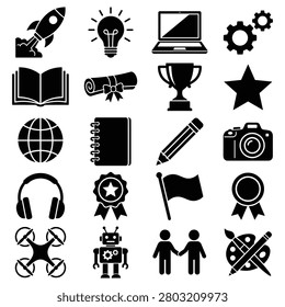 Icon collection representing education, technology, and creative pursuits