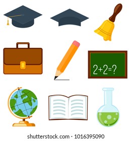 Icon collection set cartoon poster school college university science. Flat vector illustration for gift card certificate banner sticker, badge sign, stamp, logo, label.