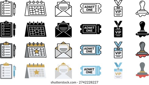 Icon collection showcasing six different concepts as four style icons including a checklist calendar invitation ticket VIP badge and a stamp