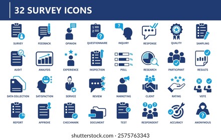 Icon collection of survey designs including feedback questionnaires and analysis elements in a clean and modern style