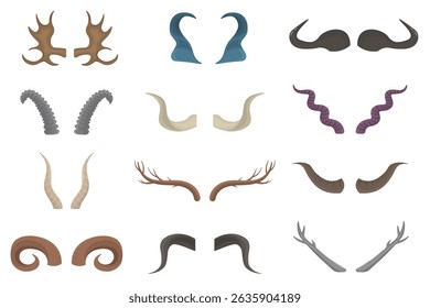 Icon collection with tribal horn animal wild deer vintage vector symbol forest elk antelope moose nature decoration african decor element head sign realistic hunt