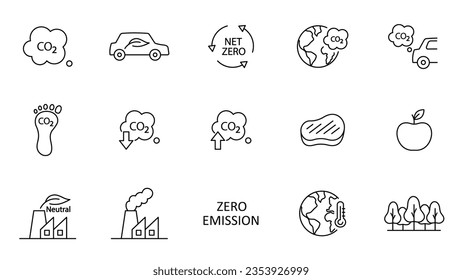 Icon collection with zero emission symbol concept. greenhouse gas carbon credit design set. protect ecological green vector outline. carbon net zero neutral natural. carbon footprint art pictogram svg