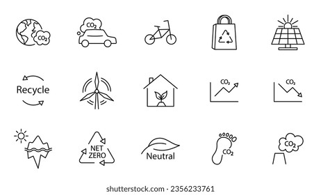 Icon collection with zero emission symbol concept. greenhouse gas carbon credit design set. protect ecological green vector outline. carbon net zero neutral natural. carbon footprint art pictogram.