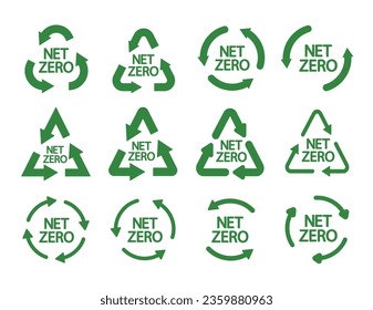 Icon collection with zero emission symbol concept. greenhouse gas carbon credit design set. recycle protect ecological green vector. carbon net zero neutral natural. renewable carbon footprint art.