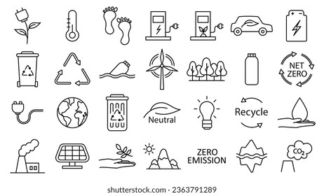 Icon collection with zero emission symbol concept. greenhouse gas carbon credit design set. protect ecological green vector outline. carbon net zero neutral natural. carbon footprint art pictogram. svg