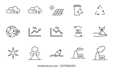 Icon collection with zero emission symbol concept. greenhouse gas carbon credit design set. protect ecological green vector outline. carbon net zero neutral natural. carbon footprint art pictogram.