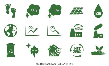 Colección de iconos con el concepto de símbolo de emisión cero. conjunto de diseño de créditos de carbono de gases de efecto invernadero. proteger la silueta de vector verde ecológico. carbono neto cero neutro natural. pictograma de arte de huella de carbono.