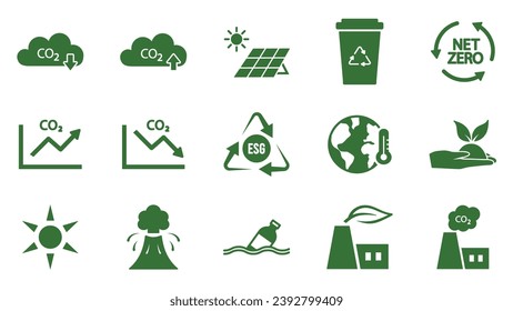 Icon collection with zero emission symbol concept. greenhouse gas carbon credit design set. protect ecological green vector silhouette. carbon net zero neutral natural. carbon footprint art pictogram.