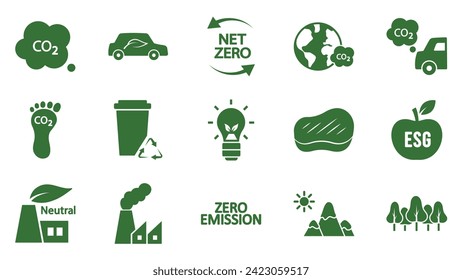 Icon collection with zero emission symbol concept. greenhouse gas carbon credit design set. protect ecological green vector silhouette. carbon net zero neutral natural. carbon footprint art pictogram.