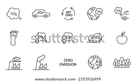 Icon collection with zero emission symbol concept. greenhouse gas carbon credit design set. protect ecological green vector outline. carbon net zero neutral natural. carbon footprint art pictogram