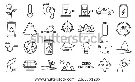 Icon collection with zero emission symbol concept. greenhouse gas carbon credit design set. protect ecological green vector outline. carbon net zero neutral natural. carbon footprint art pictogram.